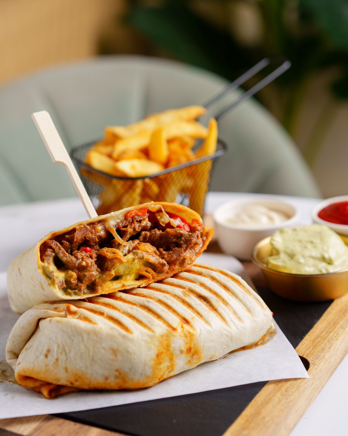 Steak wrap with skin-on fries
